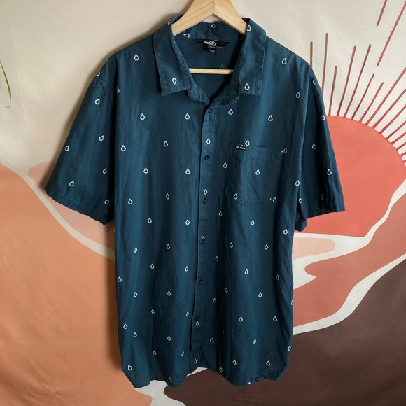 Volcom Mens XXL Button Down Shirt Blue Geometric Print Short Sleeve Casual Skate - Picture 1 of 7